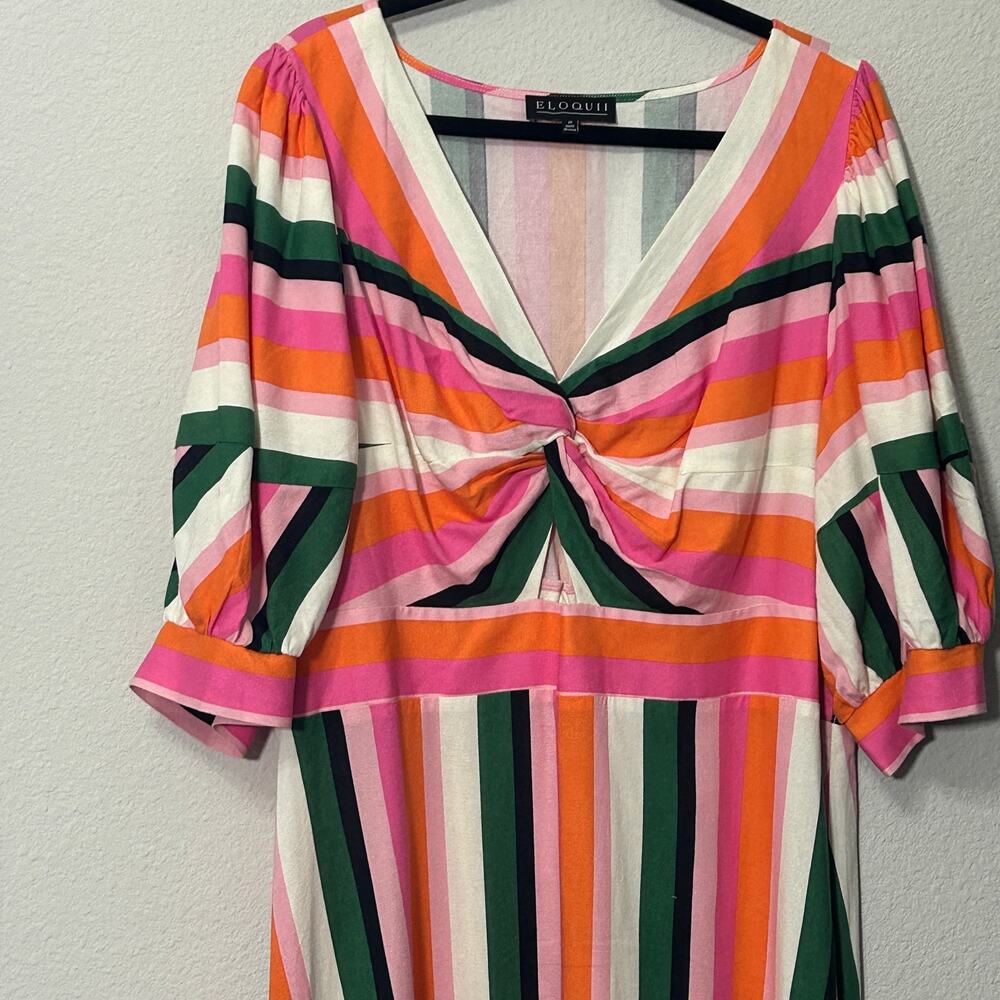 Eloquii Stripe Fit & Flare Linen Blend Dress Pink Green Cut Out Puff Sleeve 20 - Picture 11 of 11